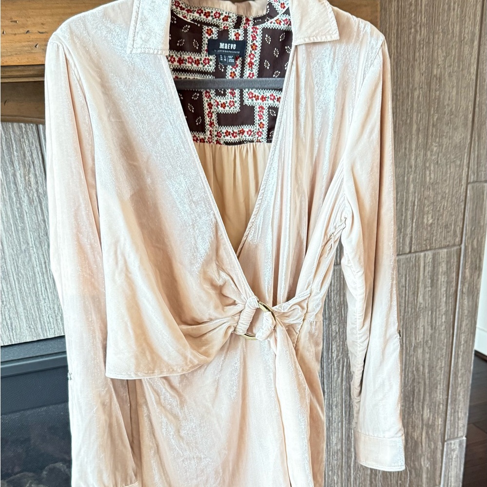 ANTHROPOLOGIE MAEVE Cream Velet Shirt Dress Size 12 Flip Cuff Sleeve
